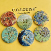 Resim 6 adet 30mm 4 delikli büyük vintage dekoratif ahşap düğme, Vincent van Gogh'un başyapıtı desen tasarımı giysiler, saç bantları, çantalar, kemerler, atkılar, perde ve ev tekstili süslemeleri için 