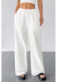 Resim Kadın Beyaz Bol Kesim Cepli Geniş Paça Dökümlü Pantolon Beyaz 