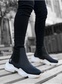 Resim Byshoes BA0444 Bağcıksız Rahat Yüksek Taban Siyah Beyaz Taban Erkek Spor Yarım Bilek Bot 