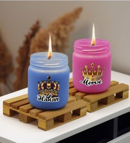 Resim Bk Gift Kişiye Özel Dtf Kral Kraliçe Tacı 2 Li Mavi Ve Pembe Renkli Cam Kavanozda Kokulu Mum-1, Arkadaşa Hediye, Sevgiliye Hediye 