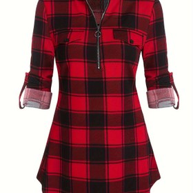 Resim Kadınlar için Fermuarlı Plaid Elbise - %100 Polyester Örgü Kumaş, Tekne Yaka, Uzun Kollu, İlkbahar/Yaz/Sonbahar için Fit ve Flare Tasarım 