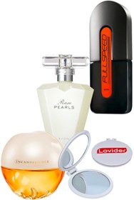 Resim Avon Incandessence Kadın + Rare Pearls Kadın + Full Speed Erkek Parfüm + Lovider Cep Aynası 