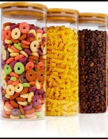 Resim 3 Adet 1300 Ml Bambu Kapaklı Yuvarlak Bakliyat Seti Kavanozu 