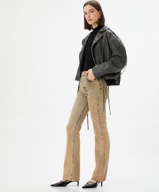 Resim Eskitilmiş Hafif İspanyol Paça Kot Pantolon Dar Kesim Standart Bel Pamuklu Cepli - Flare Slim Jeans 