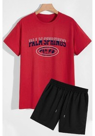 Resim Uyguntarz Rahat Tasarım Palm Şort T-shirt Eşofman Takımı Kırmızı 