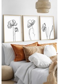 Resim Huhuli Ahşap Çerçeveli Minimalist Line Art 3'lü Tablo Seti Huhu535 