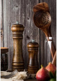 Resim Ahşap Karabiber Tuz Öğütücü Değirmen Tuzluk 14 Cm Ve 21 Cm 2'li Kahverengi 