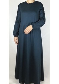 Resim Kristal İki İplik Kol Düğme Detaylı Mevsimlik Elbise Zümrüt Yeşili 