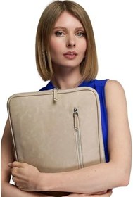 Resim 14 İnç K Deri Laptop Kılıfı, Askılı, Şık Tasarım (Bej) 