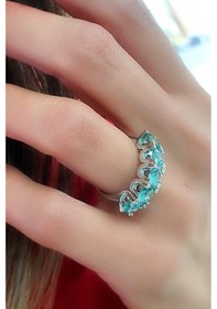 Resim Sky Diamond Blue Aquamarin Taşlı 925 Ayar Gümüş Beş Taş Yüzük Altın - Gümüş 