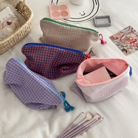 Resim Kadınlar için 1 Adet Polyester Ekose Makyaj Çantası, Yüksek Kaliteli Taşınabilir Kozmetik Organizatörü, Çok Fonksiyonlu Ruj Saklama Çantası, Karışık Renkler, Kokusuz, Kore ve Japon Stili 