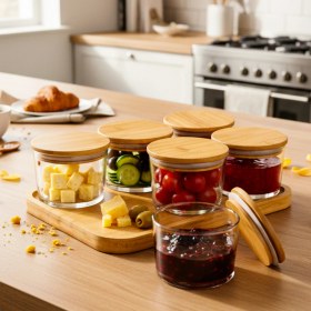 Resim Snippy Feel - 6'lı Cam Kahvaltılık Dikdörtgen Tepsili Bambu Vakumlu Kapaklı Çerezlik Saklama Kabı 220 ml 