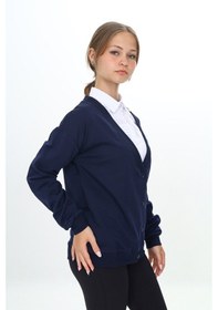 Resim Toontoy Kız Çocuk V Yaka Çıtçıt Kapama Düşük Omuz Örme Okul Hırkası - 2 İplik Lacivert 