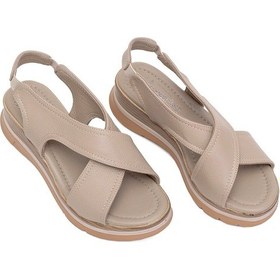 Resim Elit Koc25-62 Kadın Hakiki Deri Dolgu Topuk Sandalet Bej Bej 