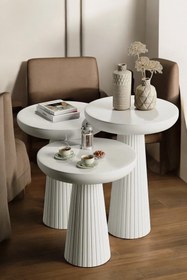 Resim Simillo Home&Living Wood Ahşap Beyaz Renk 3’lü Set Mantar Yan Sehpa Fiskos Çiçeklik Decorative 