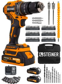 Resim STEİNER 21v Çift Akü Kömürsüz Motor Çelik Mandren Darbeli Akülü Vidalama Şarjlı Matkap (84 Parça Usta Set) 