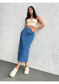 Resim Dema Kadın Yüksek Bel Pamuklu - Likrasız Bilek Boy Denim Etek Mavi 