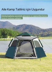 Resim Tam Otomatik Su Ve Rüzgar Geçirmez Gölgelikli Altıgen Çadır 4-6 Kişilik Aile Çadırı 240x210x135 Cm Yeşil 