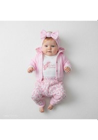 Resim Çiçek Desenli Hırkalı Kız Bebek Takım 3lü Set Pembe 