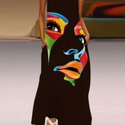 Resim Abstract Face Print Maxi Elbise, Yaka Kesik Kolsuz Rahat Elbise Yaz ve İlkbahar için, Kadın Giyim 