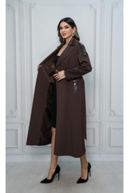 Resim Eccim Fashion Deri Detaylı Broşlu Sade Uzun Kadın Ceket Trençkot 
