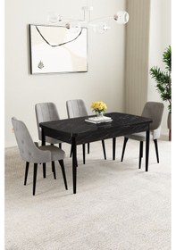 Resim Clara Siyah Mermer Desen 80x132 Açılabilir Yemek Odası Takımı 4 Adet Sandalye Gri 