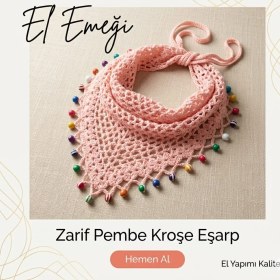 Resim Uhel Kız Çocuk El Örgüsü Boncuklu Bandana - Pembe Kroşe Eşarp ve Saç Aksesuarı 