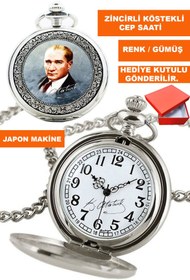 Resim COBRA Kemal Atatürk Görsel ve İmzalı Gümüş Renk Zincirli Köstekli Cep Saati 