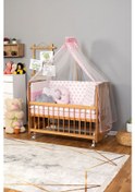 Resim Ahşap Beşik Anne Yanı Beşik Vernikli 60x120 - Pembe Yıldız 3 Yastık Uyku Seti + Yatak + Tekerlekli Ahşap 