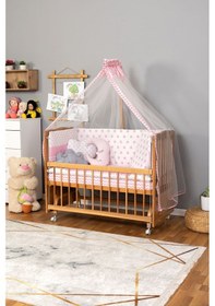 Resim Ahşap Beşik Anne Yanı Beşik Vernikli 60x120 - Pembe Yıldız 3 Yastık Uyku Seti + Yatak + Tekerlekli Ahşap 