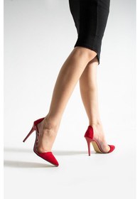 Resim Shoetek Layla Stiletto Şeffaf İnce Topuklu Kırmızı Süet KIRMIZI SÜET 