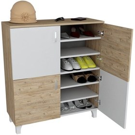 Resim Ahşap Ayakkabılık Özel Tasarım 4 Kapaklı Beyaz-Atlantik Çam Demo Beyaz - Ceviz 