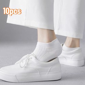 Resim 10 adet / 5 çift kısa nefes alabilir çorap, siyah/beyaz düz renkli, kısa tüpli nefes alabilen spor ve günlük kullanım için rahat serinletici tekne çorabı, çok yönlü stil 