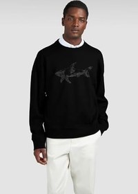 Resim Erkek Rahat Kalıp Büyük Shark Logolu Pamuklu Uzun Kollu Siyah Sweatshirt 15311848-011 