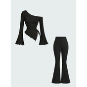 Resim Kadınların Şık Asimetrik Vücut Kıyafeti - İnce Kesim Uzun Kollu Üst ve Geniş Bacaklı Pantolon Takımı - Bahar, Yaz ve Sonbahar için, Düz Renk, Rahat Kıyafet, Rahat Kıyafet|Asimetrik Tasarım|İnce Kesim Pantolon Takımı 