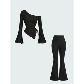 Resim Kadınların Şık Asimetrik Vücut Kıyafeti - İnce Kesim Uzun Kollu Üst ve Geniş Bacaklı Pantolon Takımı - Bahar, Yaz ve Sonbahar için, Düz Renk, Rahat Kıyafet, Rahat Kıyafet|Asimetrik Tasarım|İnce Kesim Pantolon Takımı 