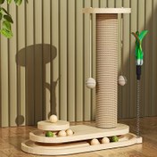 Resim Ahşap Tünekli ve Oyun Çubuğu İçeren Ayçiçeği Desenli Dikey Kedi Tırmalama Direği - Dayanıklı Sisal İp, Dökülme Önleyici Kedi Tırmanma Kulesi (Rastgele Renk) 