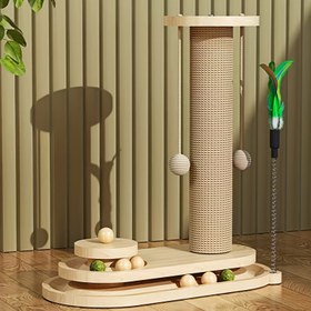 Resim Ahşap Tünekli ve Oyun Çubuğu İçeren Ayçiçeği Desenli Dikey Kedi Tırmalama Direği - Dayanıklı Sisal İp, Dökülme Önleyici Kedi Tırmanma Kulesi (Rastgele Renk) 