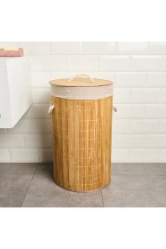 Resim Living Katlanır Yuvarlak Bambu Kirli Çamaşır Sepeti - Bej - 60 Lt Bej 