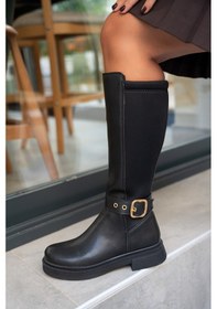 Resim Chris Siyah Deri Kadın Kemer Detaylı Çizme Siyah 