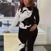 Resim Şık Kadınlar için 3D Kedi Baskılı İki Tonlu Uzun Kollu & Pantolon Takımı - Esnek, Makinede Yıkanabilir Polyester Karışımı 
