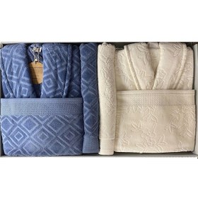 Resim Özdilek Pastoral Aile Bornoz Seti Krem-lacivert Krem - Lacivert 