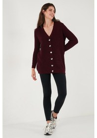 Resim Lela Regular Fit V Yaka Düğmeli Triko Örme Uzun Bayan Hırka 4615044 Bordo 