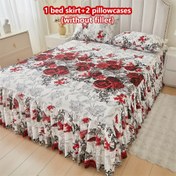 Resim 3 Parça Kırmızı Gül ve Kelebek Baskılı Yatak Eteği Seti, 1 Lastikli Çarşaf + 2 İç Dolgusuz Yastık Kılıfı, Yumuşak ve Rahat, Arkadan Bağlamalı Tasarım Çok Katmanlı Dantel Süslemeli, Piliseli Kenar, Kolay Çıkarılabilir Matara Koruyucu Örtüsü ile Yatak Odası Atmosferini Artırır 