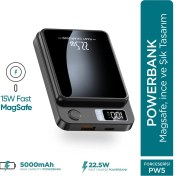 Resim Phixi Force PW5 5000mAh 22.5W MagSafe Powerbank - Kablosuz Mini Şarj Cihazı - 1 USB 1 PD Port - Dijital Ekran - Taşınabilir Şarj Cihazı 