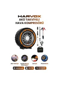 Resim Harvox 10.000mah Akü Takviyeli Hava Kompresörü Şarjlı Powerbankli Göstergeli Araç Lastik Şişirme 150 Psı 