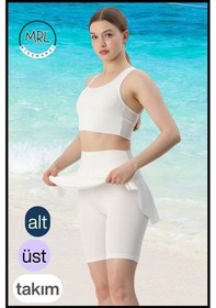 Resim Kadın Mayo Takım Yüksek Bel Biker Etekli Şort Ve Pedli Crop Likralı Çabuk Kuruyan Kumaş Plaj Giyim Ekru 