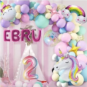 Resim 4 Harfli Yaş Seçenekli Gökkuşağı Konseptli Unicorn Temalı Makaron Balon Doğum Günü Parti Kutlama Seti 3 