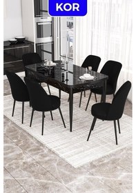 Resim Canisa Kor Serisi 70x114 Açılabilir Mutfak Masası Takımı Siyah Mermer Desen Masa 6 Siyah Sandalye Masa Siyah Mermer Desen Sandalye Siyahh 