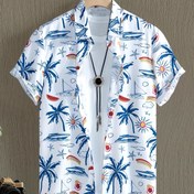 Resim Erkekler için Canlı Tropikal Baskılı Kısa Kollu Düğmeli Gömlek - Hafif Polyester Karışımı, Yazlık Günlük Giyim, Tatiller ve Plaj Gezileri için İdeal 